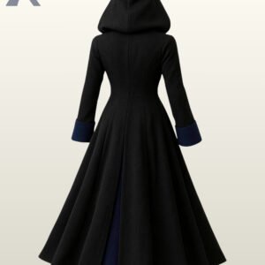 Full rear view of a long black hooded gothic trench coat showcasing dark navy blue wool cuffs and structured back princess seams.