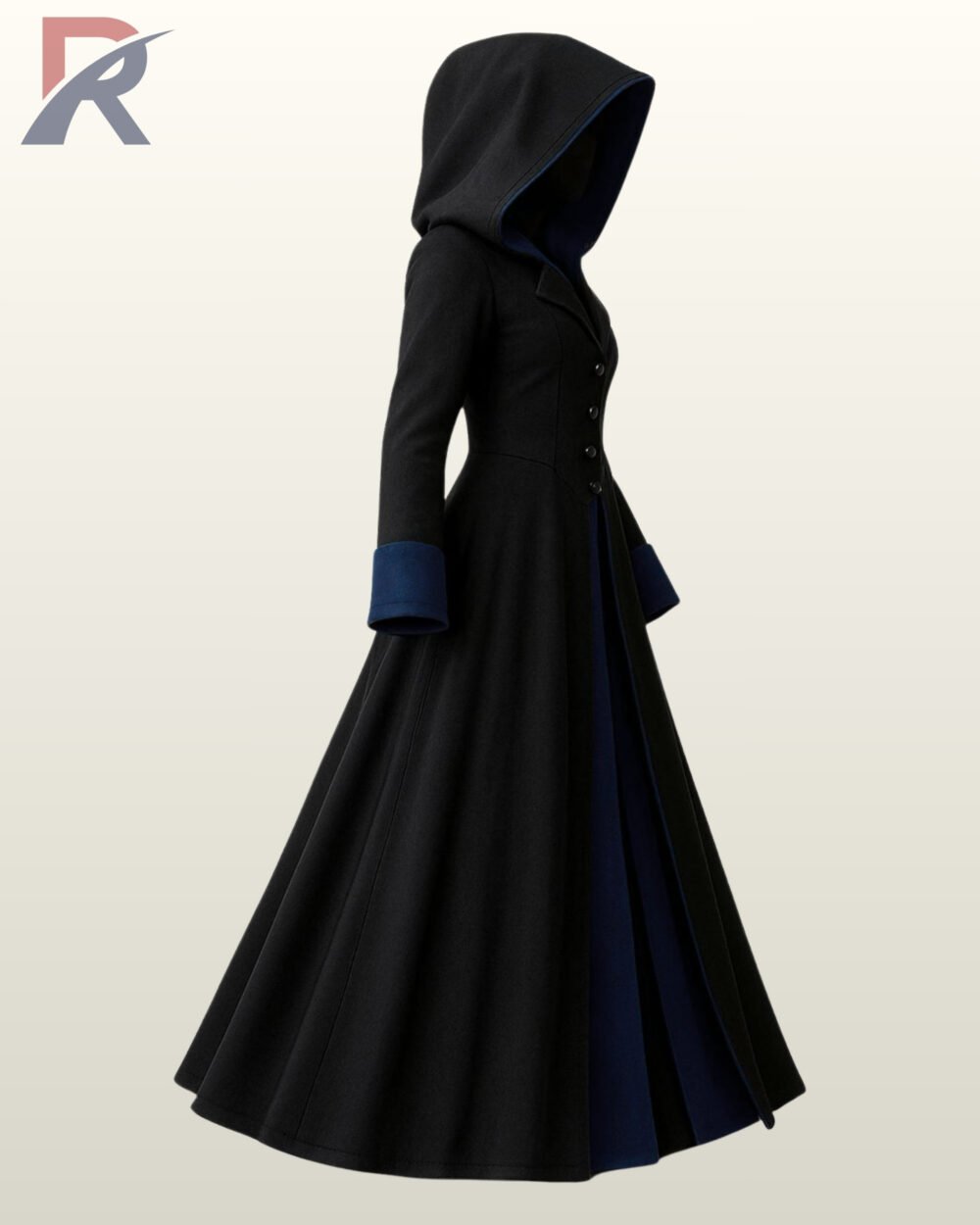 Three-quarter side profile view of a black hooded gothic trench coat displaying dark navy blue wool in the hood and flared skirt hem.