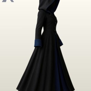 Three-quarter side profile view of a black hooded gothic trench coat displaying dark navy blue wool in the hood and flared skirt hem.