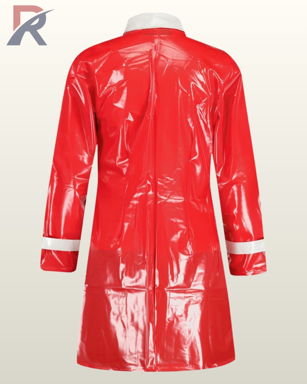 Retro mod style two-tone red and white vinyl slicker coat for alternative street fashion.