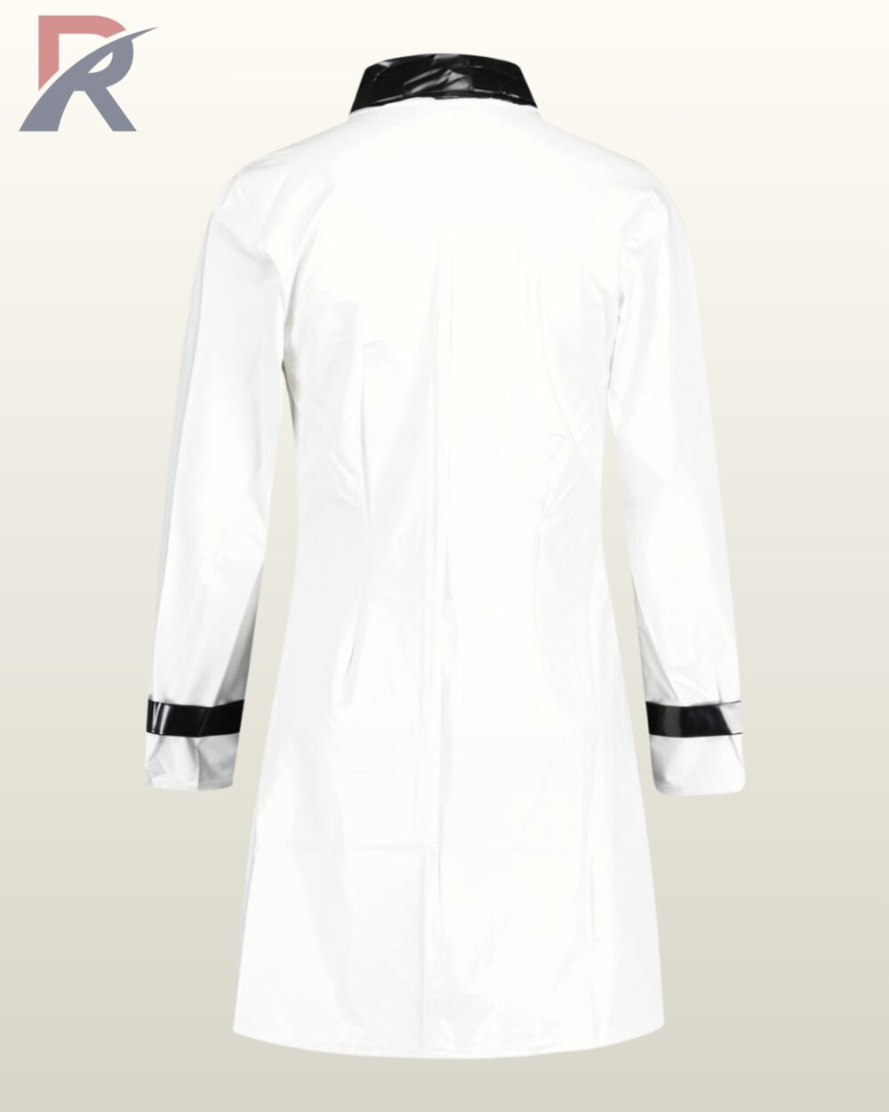 Stylish shiny white PVC raincoat displayed as an e-commerce product view.