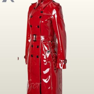 Women's shiny vinyl trench coats displayed in deep navy blue and sleek black buttons.