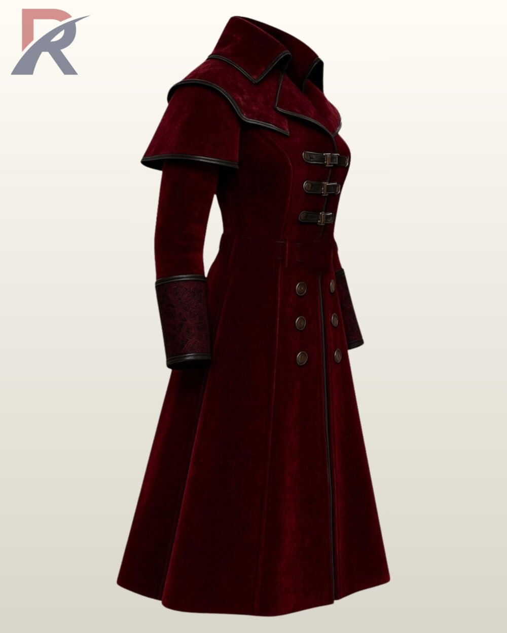 Dark red double-breasted gothic coat with distinct shoulder capes and buckles.