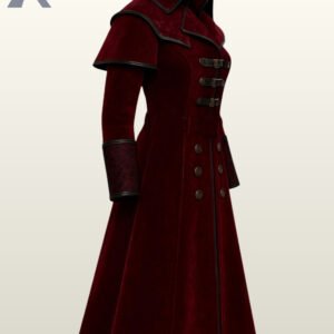 Dark red double-breasted gothic coat with distinct shoulder capes and buckles.