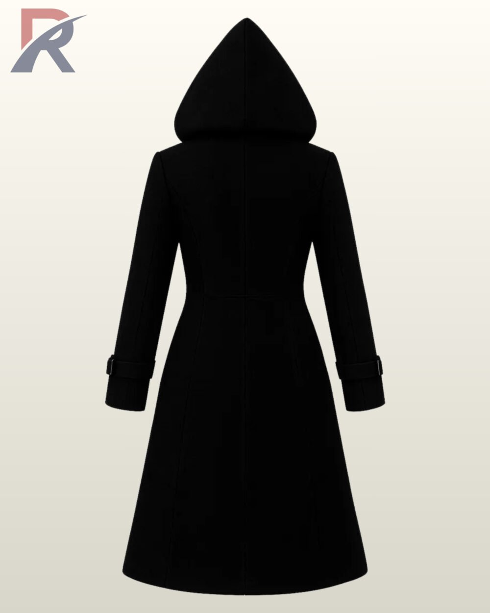 Long black winter coat made of wool blend fabric with five decorative front buckles.