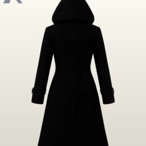 Long black winter coat made of wool blend fabric with five decorative front buckles.