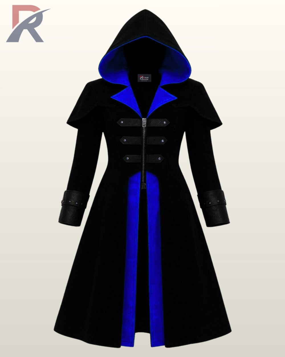 Women black hooded gothic assassin coat with a royal blue silk lining and front zipper closure.