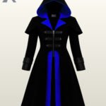 Women black hooded gothic assassin coat with a royal blue silk lining and front zipper closure.