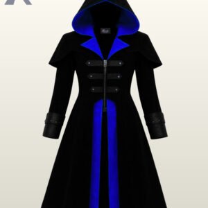 Women black hooded gothic assassin coat with a royal blue silk lining and front zipper closure.