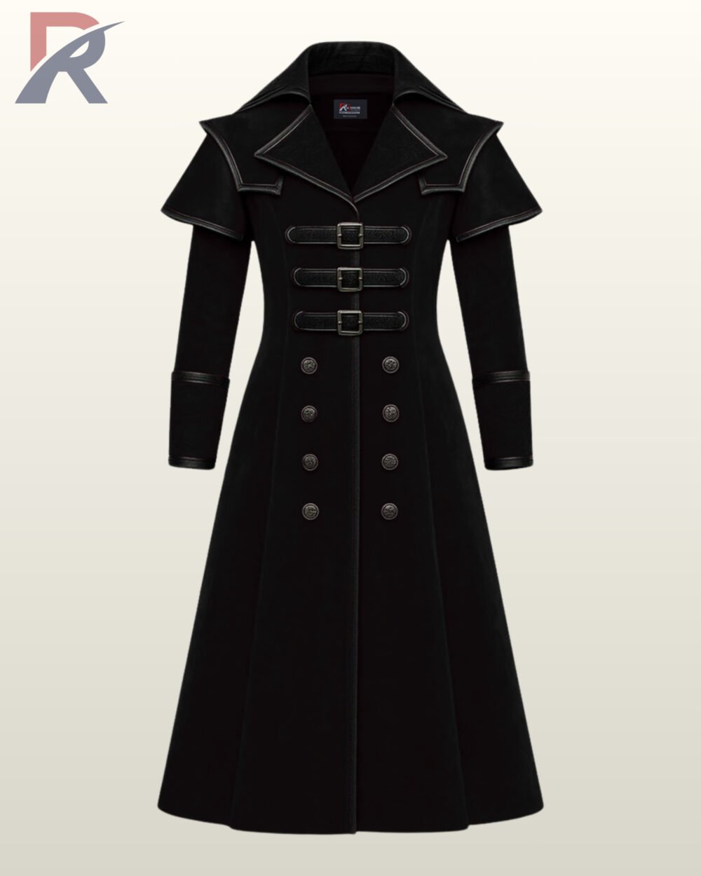 Long black gothic trench coat with front buckles and double-breasted buttons.