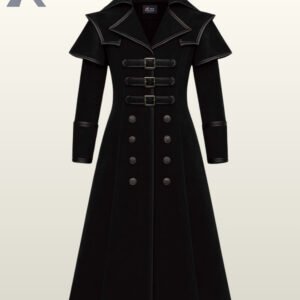 Long black gothic trench coat with front buckles and double-breasted buttons.