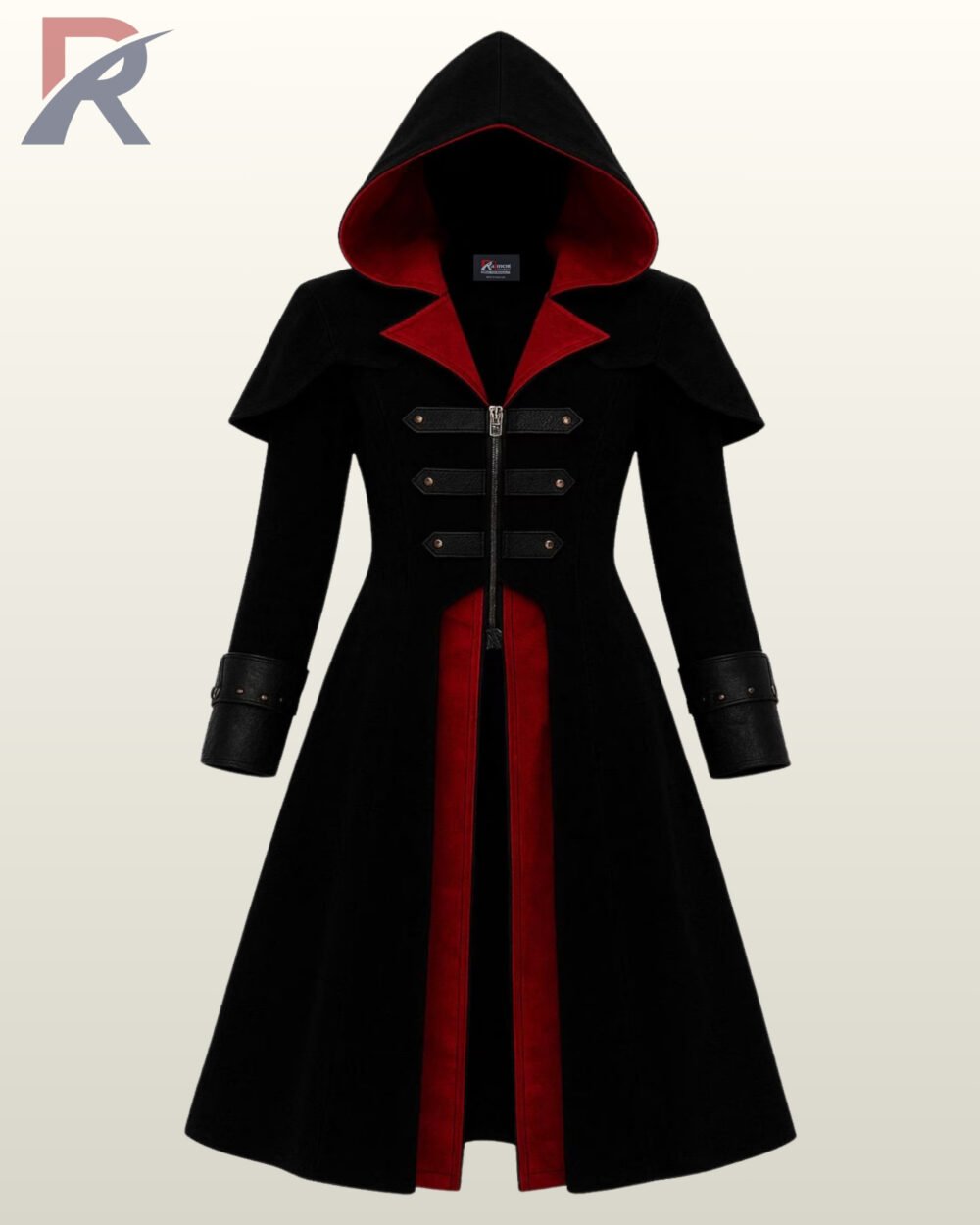 Women classic black and red hooded vampire gothic coat with a deep crimson interior lining.