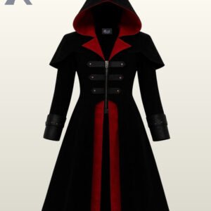 Women classic black and red hooded vampire gothic coat with a deep crimson interior lining.