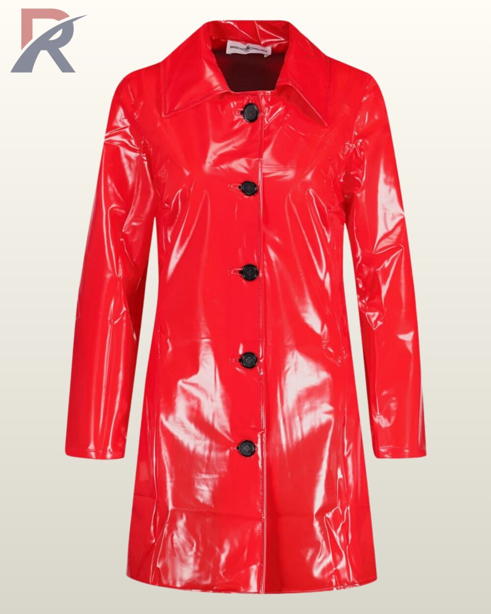 Women glossy red vinyl raincoat with contrasting dark black buttons and structural lapels.