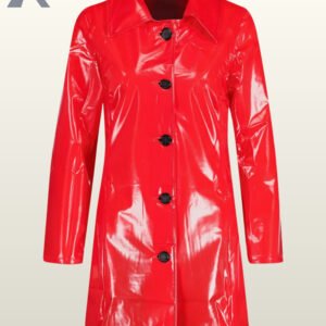 Women glossy red vinyl raincoat with contrasting dark black buttons and structural lapels.