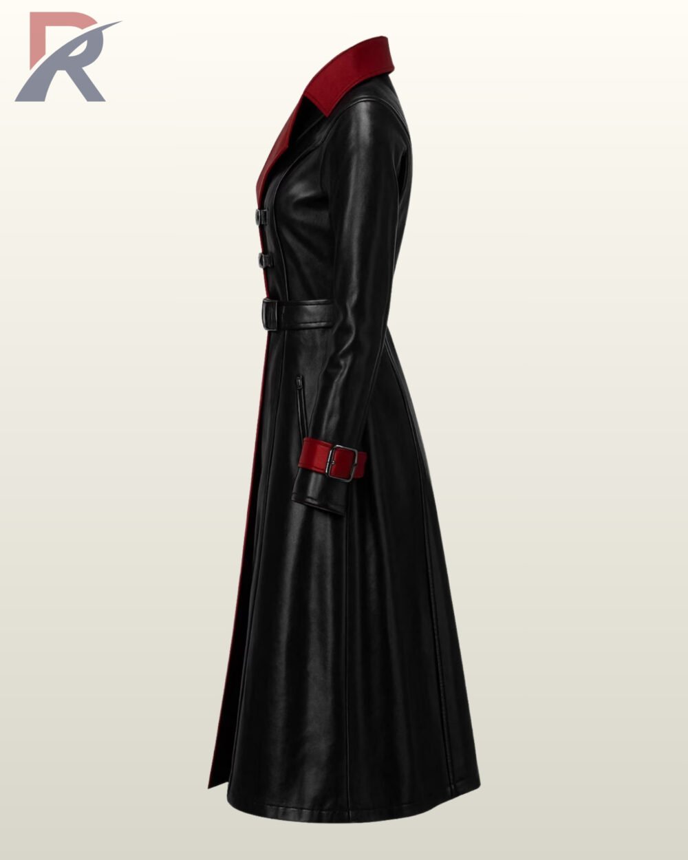 Matrix style goth overcoat with red trim lining, matching cuffs, and a buckled waist belt.
