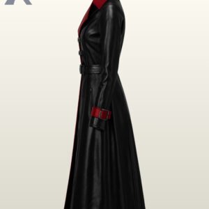 Matrix style goth overcoat with red trim lining, matching cuffs, and a buckled waist belt.
