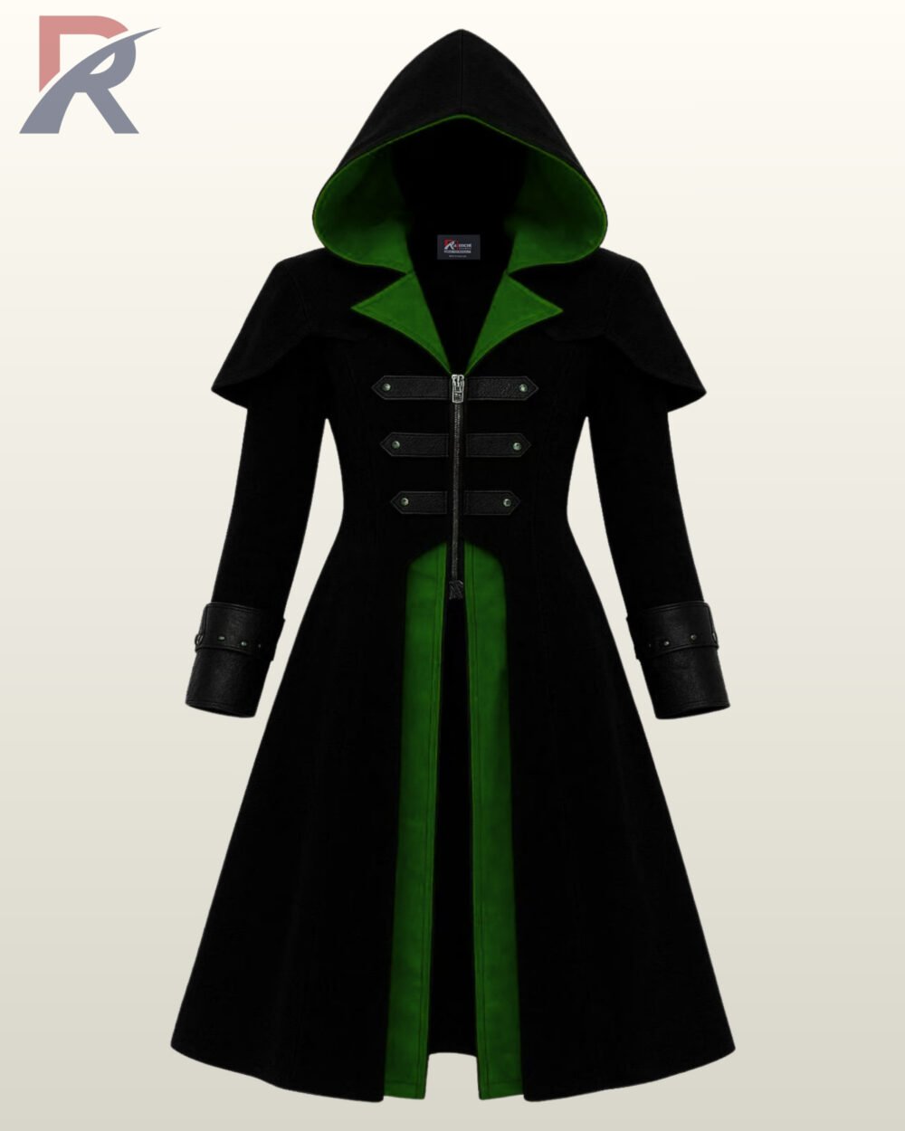 Fantasy rogue ranger cosplay coat in black with an emerald green lined hood and matching split lapels.