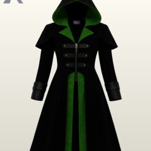 Fantasy rogue ranger cosplay coat in black with an emerald green lined hood and matching split lapels.