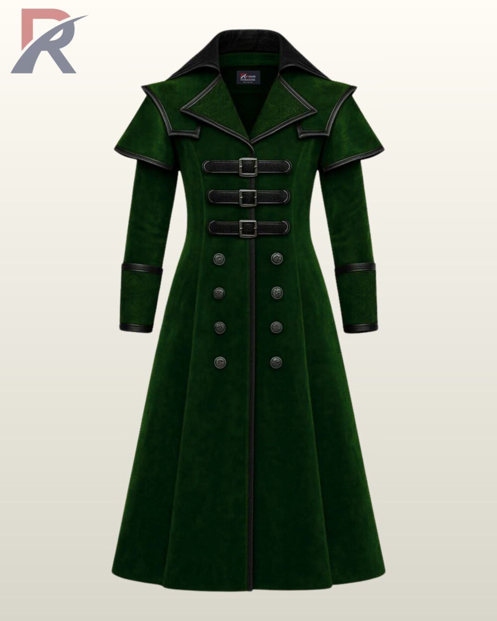 legant green Victorian vampire aristocrat coat with double-breasted silver buttons.