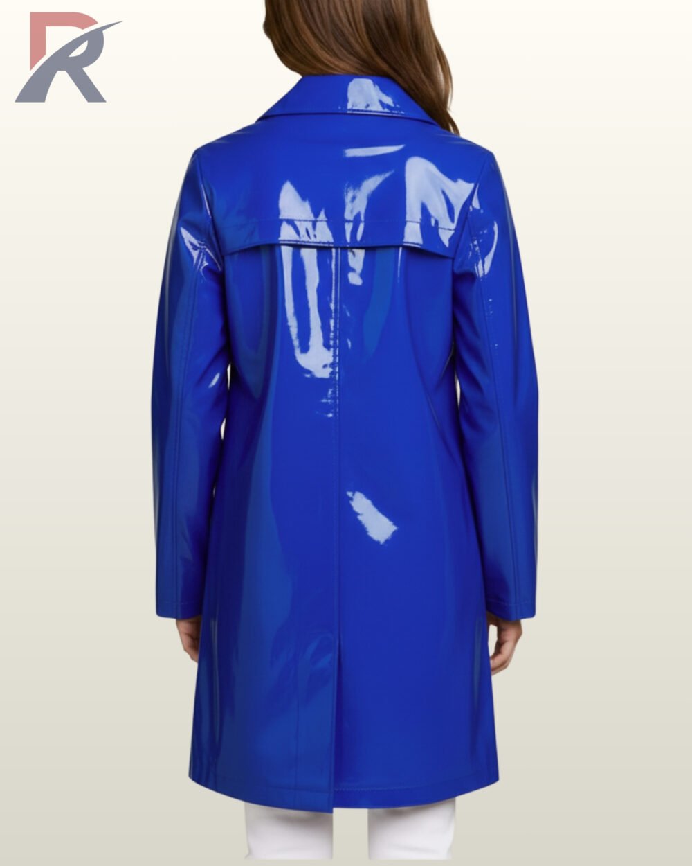 Bright cobalt blue wet-look waterproof slicker coat with functional front buttons.