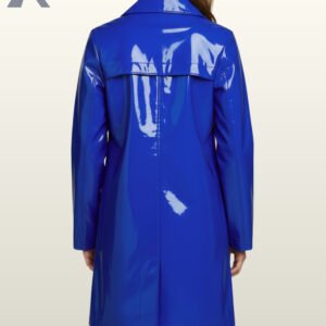 Bright cobalt blue wet-look waterproof slicker coat with functional front buttons.