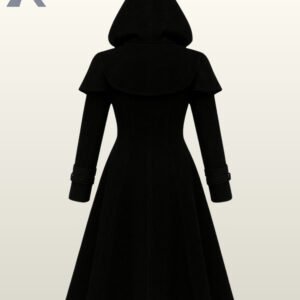 Medieval Renaissance festival hooded overcoat with wide cuffs and a sleek zippered front closure.