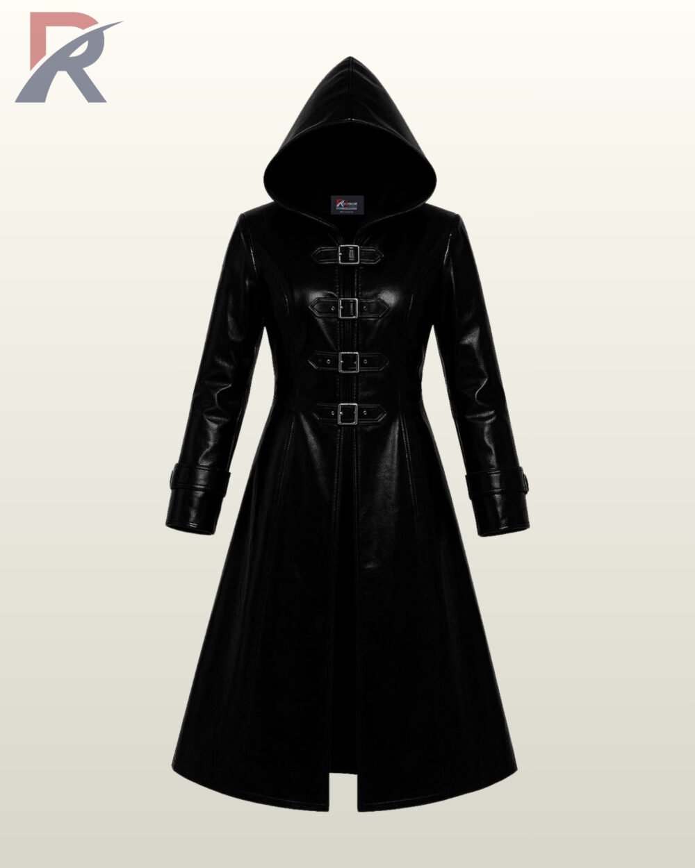 Women's black faux leather hooded trench coat with central metal buckle closures.