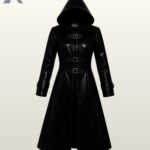 Women's black faux leather hooded trench coat with central metal buckle closures.