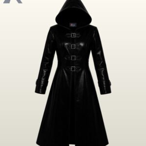 Women's black faux leather hooded trench coat with central metal buckle closures.
