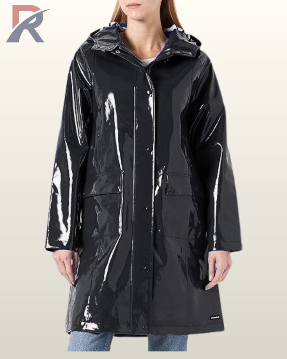 A woman modeling a sleek, high-gloss black vinyl raincoat with a hood.