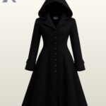 Women's black gothic hooded coat with a fitted corset-style waist and rows of buttons.