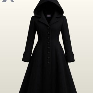 Women's black gothic hooded coat with a fitted corset-style waist and rows of buttons.