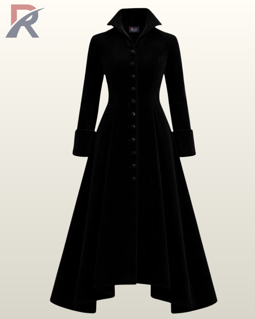Women's black velvet gothic trench coat with a high collar and a flared A-line silhouette.