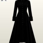 Women's black velvet gothic trench coat with a high collar and a flared A-line silhouette.