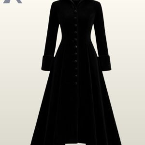 Women's black velvet gothic trench coat with a high collar and a flared A-line silhouette.