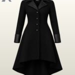 Women's black high-low gothic coat with faux leather trim lapels and button front closure.