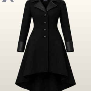Women's black high-low gothic coat with faux leather trim lapels and button front closure.