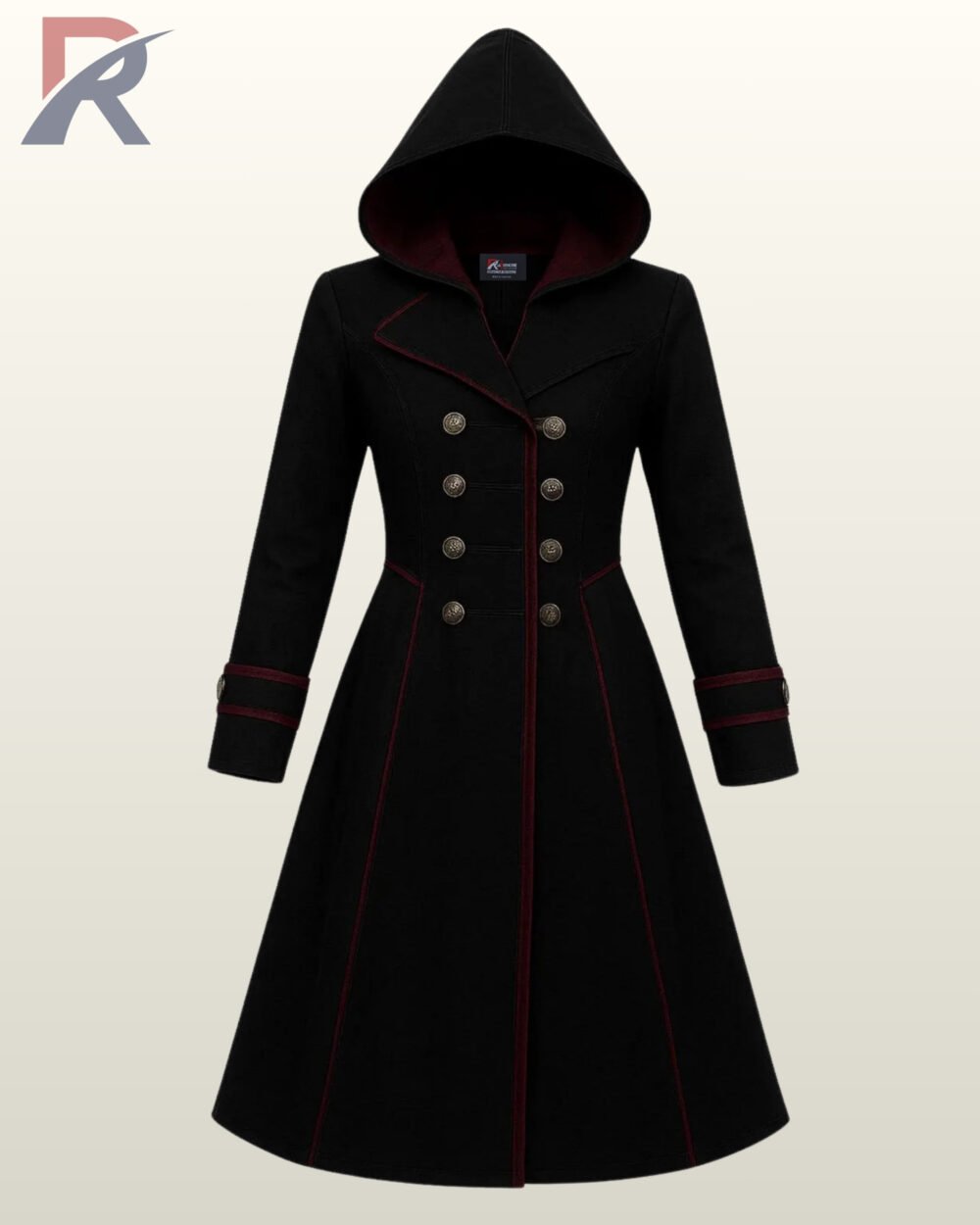 Women's long black hooded gothic coat with red piping trim and double-breasted buttons.