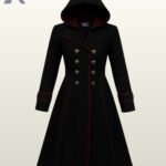 Women's long black hooded gothic coat with red piping trim and double-breasted buttons.