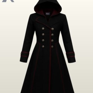 Women's long black hooded gothic coat with red piping trim and double-breasted buttons.