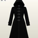 Women's long black hooded gothic coat with metal buckle closures on the front.