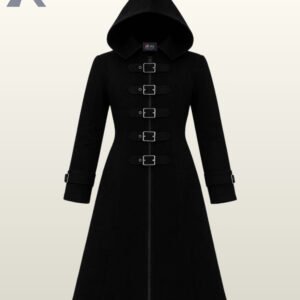 Women's long black hooded gothic coat with metal buckle closures on the front.