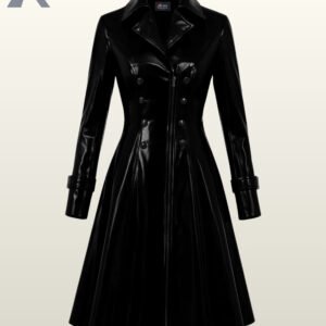 Women's shiny black PVC vinyl trench coat with a double-breasted zip-up front.