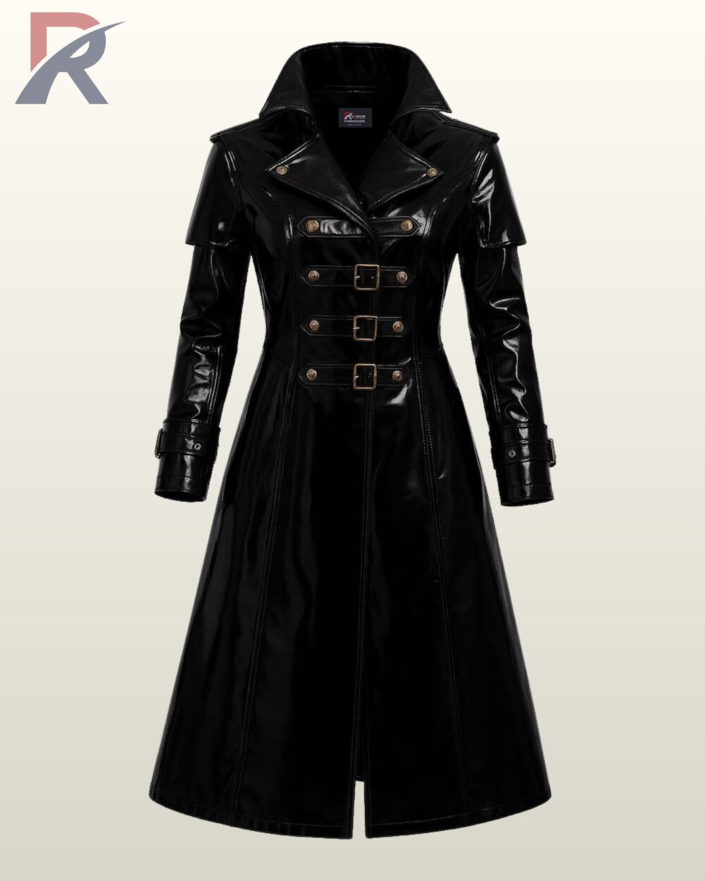Women's black shiny vinyl gothic trench coat with a glossy faux leather finish.