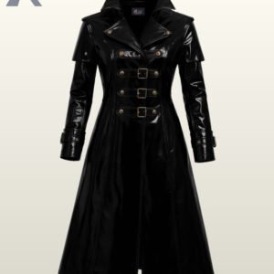 Women's black shiny vinyl gothic trench coat with a glossy faux leather finish.