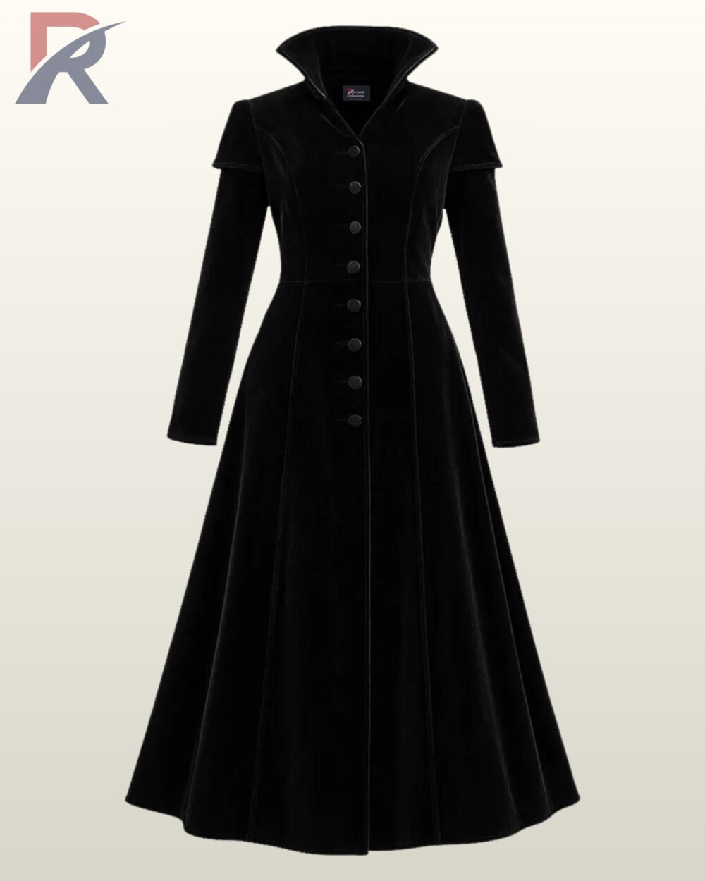 Women's long black velvet gothic coat with a high collar and button-down front.