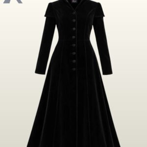 Women's long black velvet gothic coat with a high collar and button-down front.