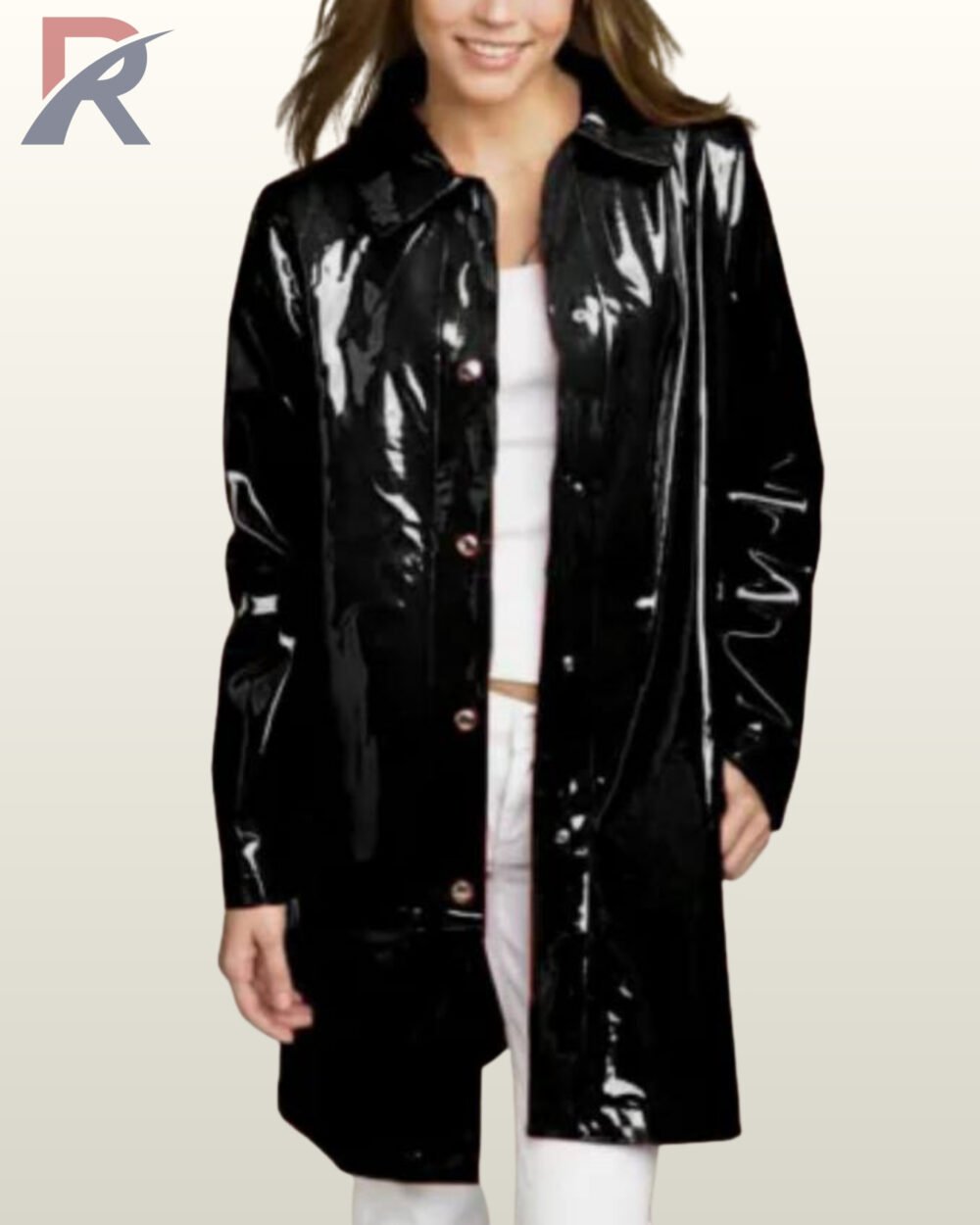 Women's black vinyl trench coat with a glossy high-shine finish and snap-button front.