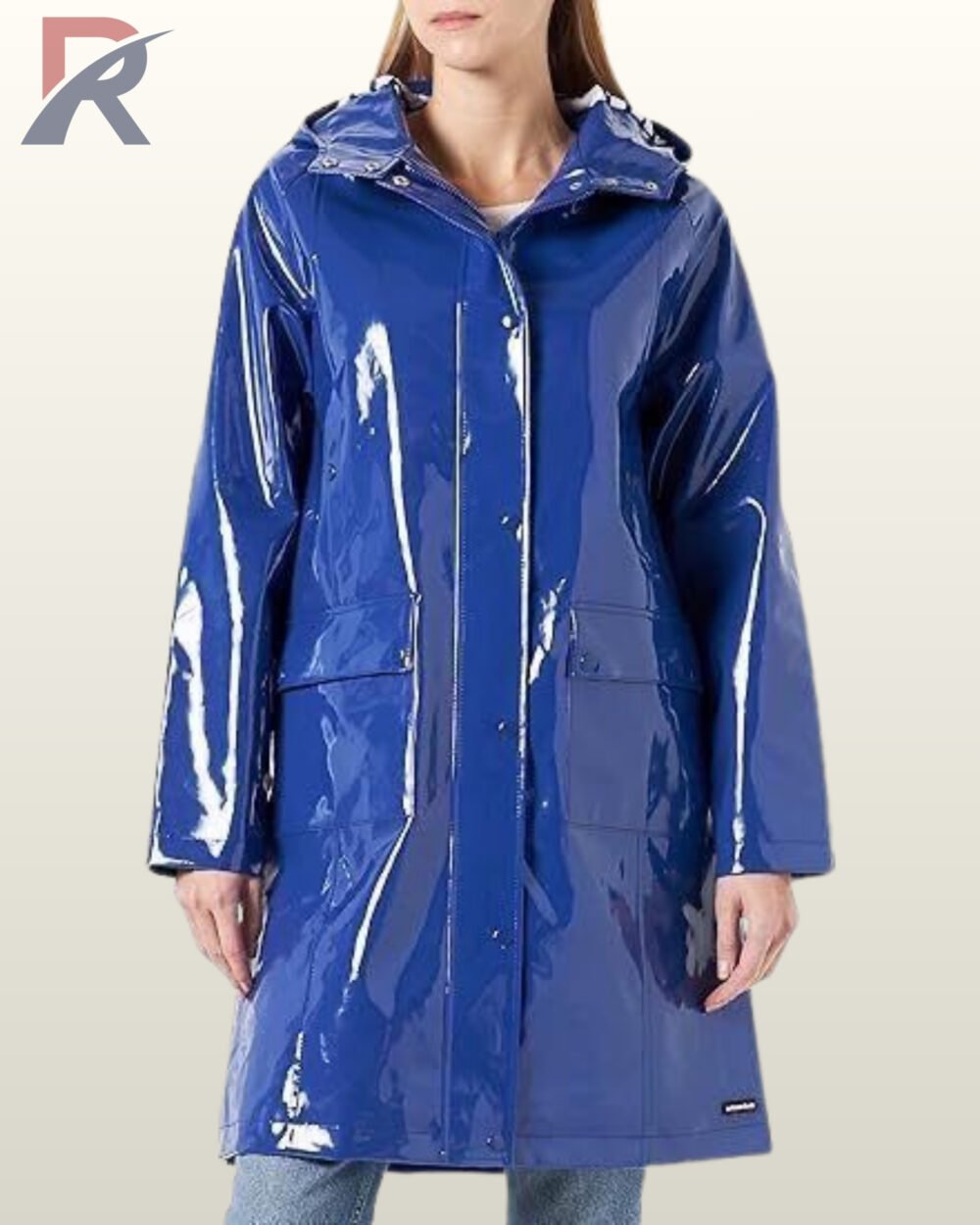 A woman wearing a bright, high-gloss blue vinyl raincoat with an attached hood.